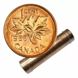 1958 Canadian 1-Cent Maple Leaf Twig Penny Roll in Coin Tube (Brilliant Uncirculated)