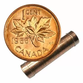 1958 Canadian 1-Cent Maple Leaf Twig Penny Roll in Coin Tube (Brilliant Uncirculated)