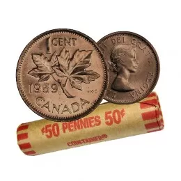 1959 Canadian 1-Cent Maple Leaf Twig Penny Coin Roll (Circulated)