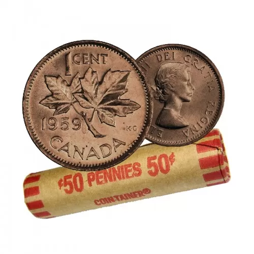 1959 Canadian 1-Cent Maple Leaf Twig Penny Coin Roll (Circulated)