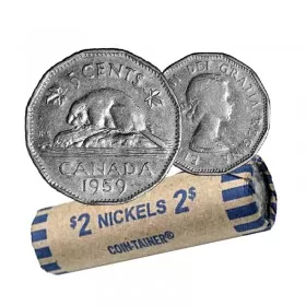1959 Canadian 5-Cent Beaver Nickel Coin Roll (Circulated)