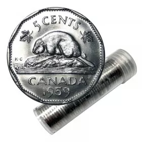 1959 Canadian 5-Cent Beaver Nickel Roll in Coin Tube (Brilliant Uncirculated)