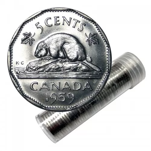1959 Canadian 5-Cent Beaver Nickel Roll in Coin Tube (Brilliant Uncirculated)