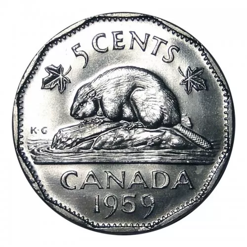 1959 Canadian 5-Cent Beaver Nickel Coin (Brilliant Uncirculated)