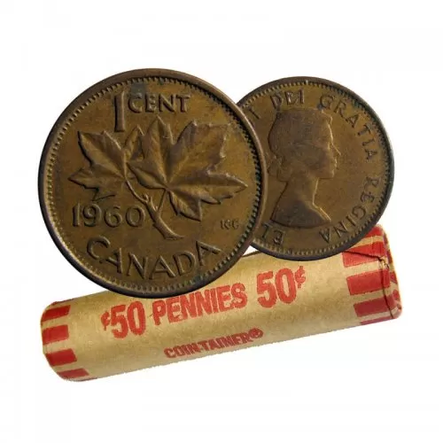 1960 Canadian 1-Cent Maple Leaf Twig Penny Coin Roll (Circulated)