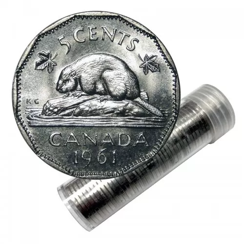 1961 Canadian 5-Cent Beaver Nickel Roll in Coin Tube (Brilliant Uncirculated)