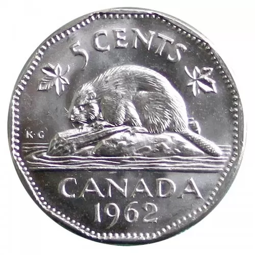 1962 Canadian 5-Cent Beaver Nickel Coin in coin tube (Brilliant Uncirculated)