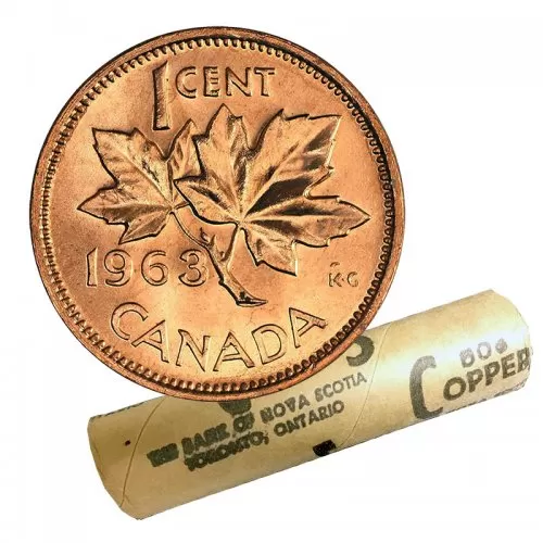 1963 Canadian 1-Cent Maple Leaf Twig Penny Original Coin Roll