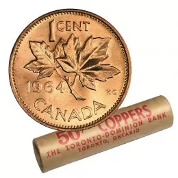 1964 Canadian 1-Cent Maple Leaf Twig Penny Original Coin Roll