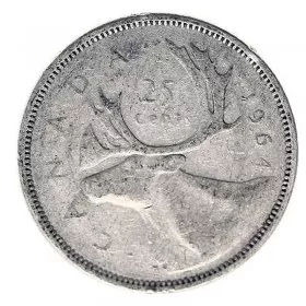 1964 Canadian 25-Cent Caribou Silver Quarter Coin (Circulated)