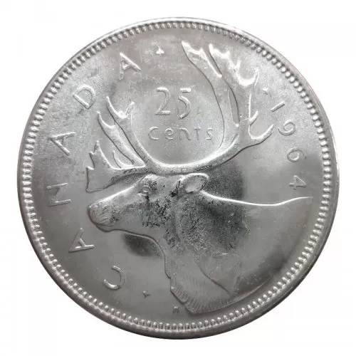 1964 Canadian 25-Cent Caribou Silver Quarter Coin (Brilliant Uncirculated)