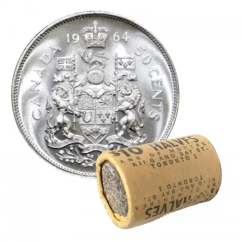 1964 Canadian 50-Cent Coat of Arms Silver Half Dollar Original Coin Roll 
