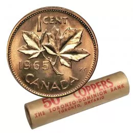 1965 Canadian 1-Cent Maple Leaf Twig Penny Original Coin Roll-in coin tube