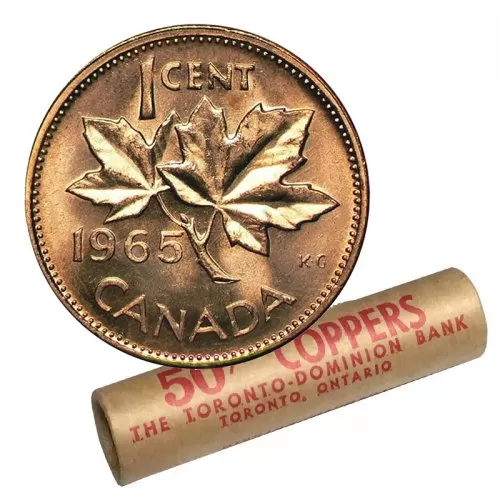 1965 Canadian 1-Cent Maple Leaf Twig Penny Original Coin Roll