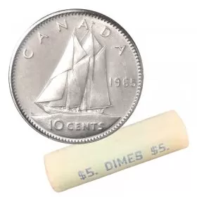 1965 Canadian 10-Cent Bluenose Schooner Dime Silver Original Coin Roll in coin tube