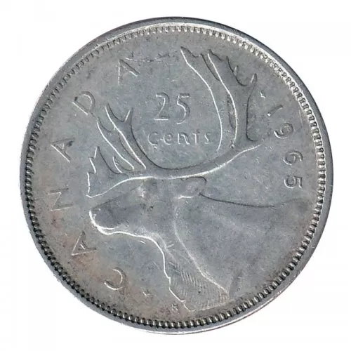 1965 Canadian 25-Cent Caribou Silver Quarter Coin (Circulated)