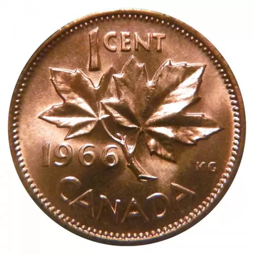 1966 Canadian 1-Cent Maple Leaf Twig Penny Coin (Brilliant Uncirculated)