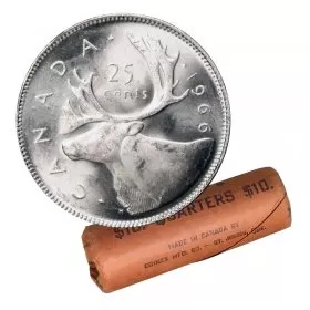 1966 Canadian 25-Cent Caribou Silver Quarter Original Coin Roll-in coin tube