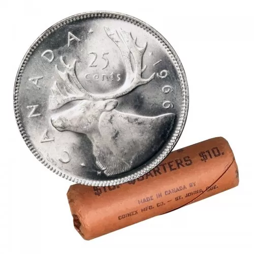 1966 Canadian 25-Cent Caribou Silver Quarter Original Coin Roll-in coin tube