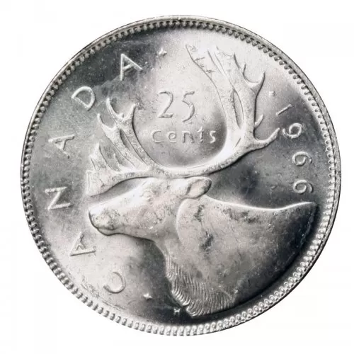 1966 Canadian 25-Cent Caribou Silver Quarter Coin (Brilliant Uncirculated)