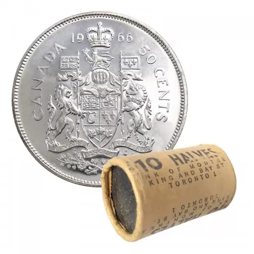 1966 Canadian 50-Cent Coat of Arms Silver Half Dollar Original Coin Roll-in coin tube