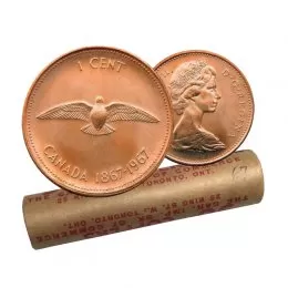 1967 (1867-) Canadian 1-Cent Rock Dove Confederation Centennial Penny Original Coin Roll