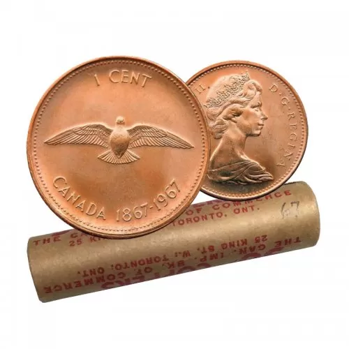 1967 (1867-) Canadian 1-Cent Rock Dove Confederation Centennial Penny Original Coin Roll