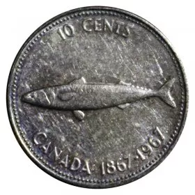 1967 (1867-) Canadian 10-Cent Mackerel (Fish) Confederation Centennial Silver Dime Coin (Circulated)