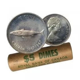 1967 (1867-) Canadian 10-Cent Mackerel (Fish) Confederation Centennial Silver Dime Original Coin Roll-in coin tube