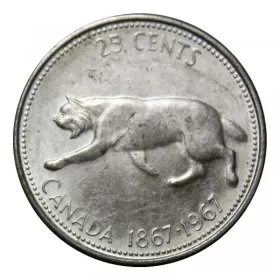 1967 (1867-) Canadian 25-Cent Bobcat Confederation Centennial Silver Quarter Coin (Circulated)