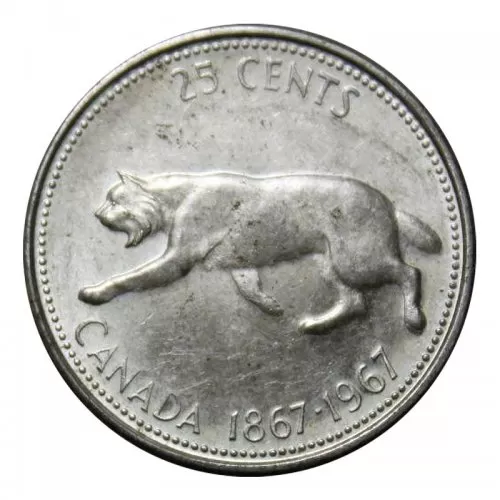 1967 (1867-) Canadian 25-Cent Bobcat Confederation Centennial Silver Quarter Coin (Circulated)
