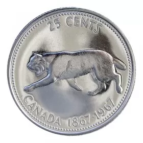 1967 (1867-) Canadian 25-Cent Bobcat Confederation Centennial Silver Quarter Coin (Brilliant Uncirculated)