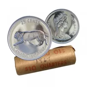 1967 (1867-) Canadian 25-Cent Bobcat Confederation Centennial Silver Quarter Original Coin Roll