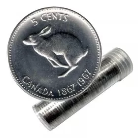 1967 (1867-) Canadian 5-Cent Rabbit/Hare Confederation Centennial Nickel coin roll EF-UNC