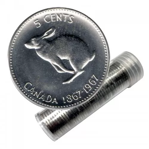 1967 (1867-) Canadian 5-Cent Rabbit/Hare Confederation Centennial Nickel coin roll EF-UNC