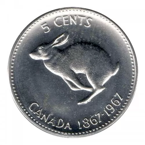1967 (1867-) Canadian 5-Cent Rabbit/Hare Confederation Centennial Nickel Coin (Brilliant Uncirculated)