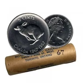 1967 (1867-) Canadian 5-Cent Rabbit/Hare Confederation Centennial Nickel Original Coin Roll