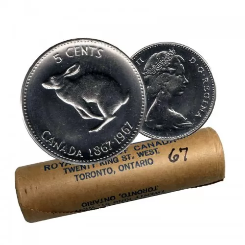 1967 (1867-) Canadian 5-Cent Rabbit/Hare Confederation Centennial Nickel Original Coin Roll