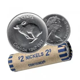 1967 (1867-) Canadian 5-Cent Rabbit/Hare Confederation Centennial Nickel Coin Roll (Circ)