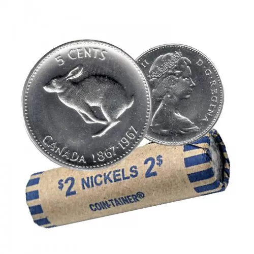 1967 (1867-) Canadian 5-Cent Rabbit/Hare Confederation Centennial Nickel Coin Roll (Circ)
