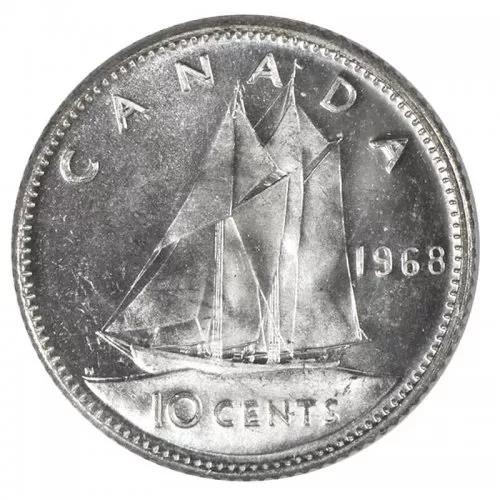 1968 Canadian 10-Cent Bluenose Schooner Dime Silver Coin (Brilliant Uncirculated)