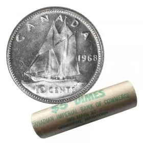 1968 Canadian 10-Cent Bluenose Schooner Dime Silver Original Coin Roll - coins in tube