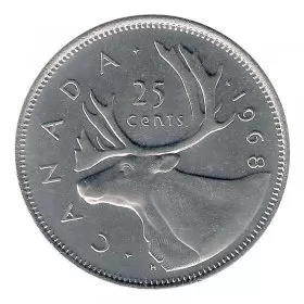 1968 Canadian 25-Cent Caribou Nickel Quarter Coin (Brilliant Uncirculated)