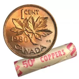 1980 Canadian 1-Cent Maple Leaf Twig Penny Original Coin Roll