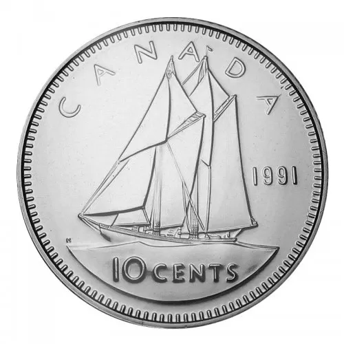1991 Canadian 10-Cent Bluenose Schooner Dime Coin (Brilliant Uncirculated)