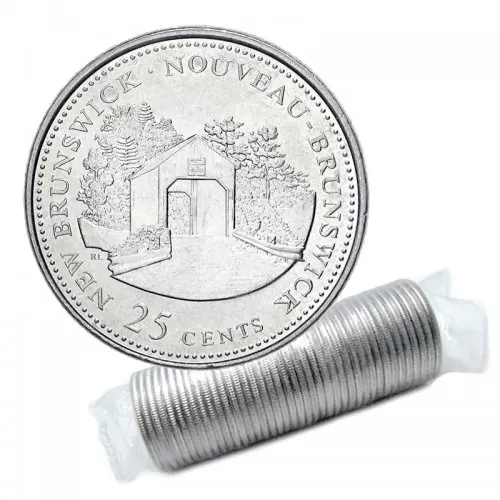 1992 (1867-) Canadian 25-Cent New Brunswick Confederation 125th Anniv/Provincial Quarter Coin Roll in coin tube-BU