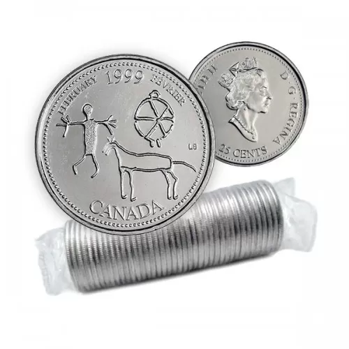 1999 Canadian 25-Cent February: Etched In Stone Millennium Quarter Original Coin Roll 