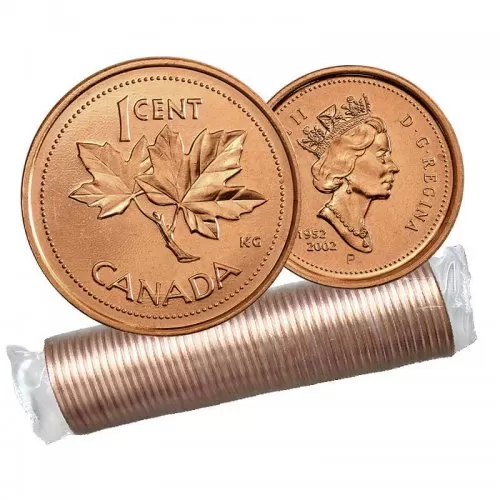 2002-P (1952-) Canadian 1-Cent Maple Leaf Twig/Queen's Jubilee Penny Original Coin Roll