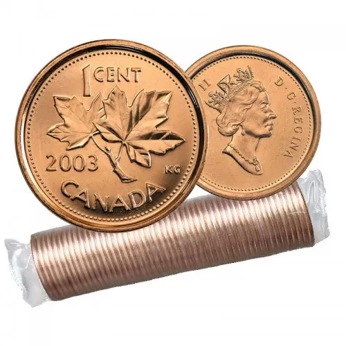 2003 Canadian 1-Cent Maple Leaf Twig/Old Effigy Penny Original Coin Roll