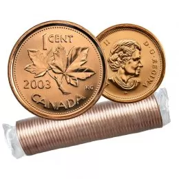 2003-P Canadian 1-Cent Maple Leaf Twig/New Effigy Penny Original Coin Roll